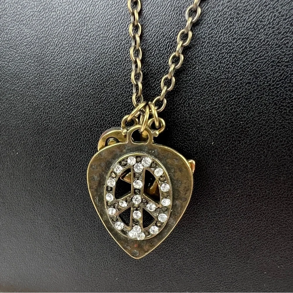 Beautiful bronze stone, 3 charm peace sign, heart, bird, long costume necklace - Picture 4 of 11